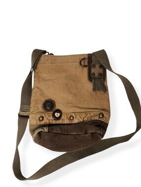 Chala Canvas Crossbody Bag in Brown and Tan with Button Embellishments